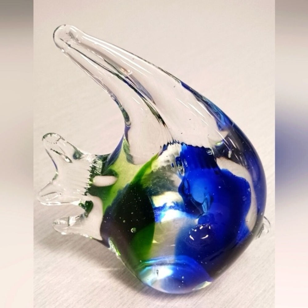 Hand Blown Art Glass Fish Sculpture Figurine Blue Green Paperweight 35inch